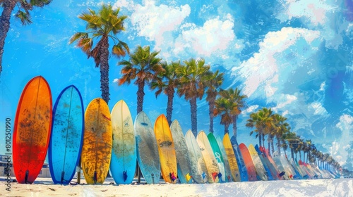 Vibrant lineup of colorful surfboards against a backdrop of palm trees capturing the lively spirit of a beach day © leymart