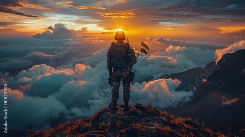 Indian army soldier with National flag of India standing at the mountain. Sunset background, sunrise background, Happy Independence Day photo