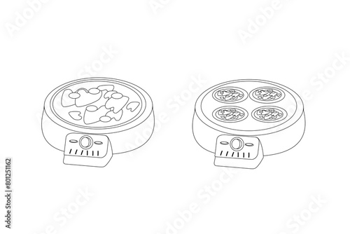 Electric pancake maker - two options for one pancake and for several, outline, silhouette. Household appliances for the kitchen, for cooking. Vector black and white illustration