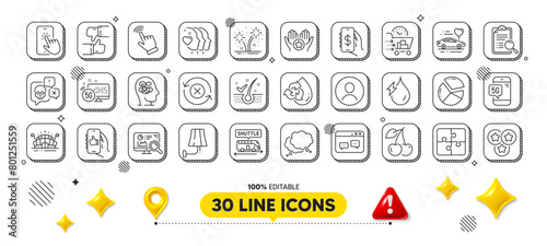 Money app, Cyber attack and Puzzle line icons pack. 3d design elements. 5g internet, Reject refresh, Hydroelectricity web icon. 5g phone, Cherry, Shuttle bus pictogram. Vector