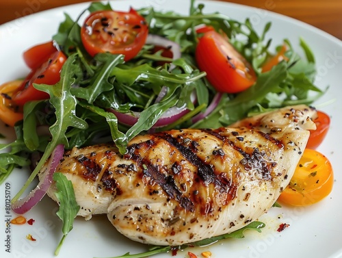 succulent grilled chicken fillet paired with a fresh vegetable salad of ripe tomatoes, crisp red onions, and peppery arugula. Each bite is a celebration of flavor and nutrition,  ©  Photography Magic