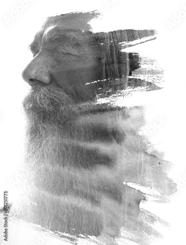 A paintography double exposure portrait of a bearded man with closed eyes