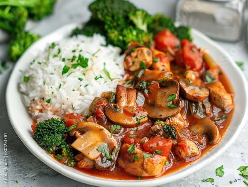 tender pieces of chicken fillet and earthy mushrooms stewed in a rich tomato sauce, served alongside fluffy boiled broccoli and fragrant rice. 