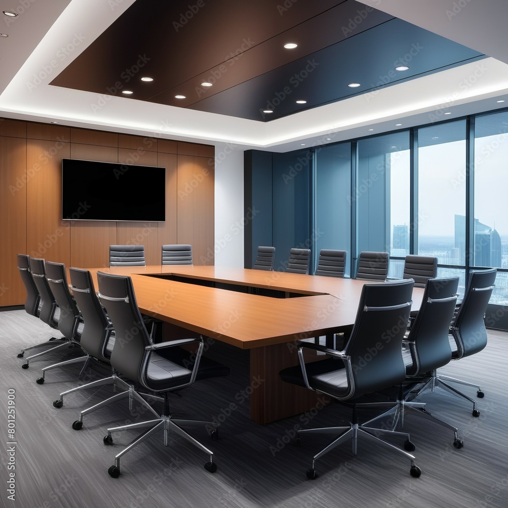 Interior of stylish open space office with grey and wooden walls, tiled floor and rows of wooden computer desks with white chairs. 3d rendering