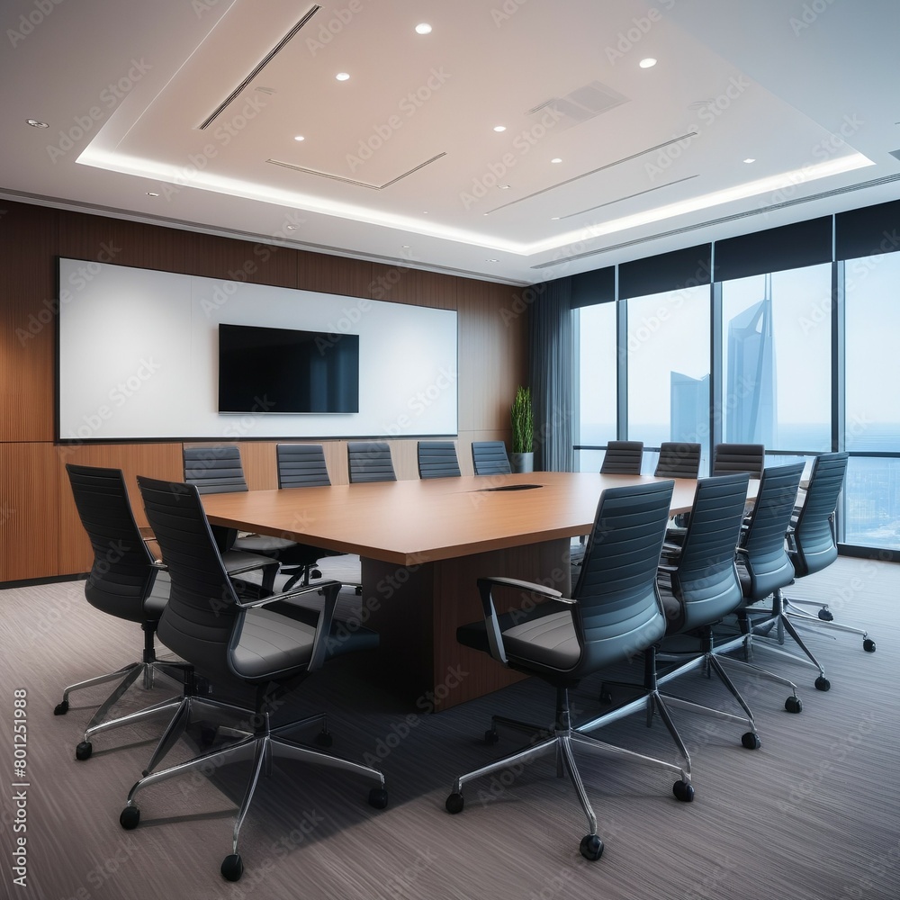Interior of stylish open space office with grey and wooden walls, tiled floor and rows of wooden computer desks with white chairs. 3d rendering Interior of stylish open space office with grey and wooden walls, tiled floor and rows of wooden computer desks with white chairs. 3d rendering