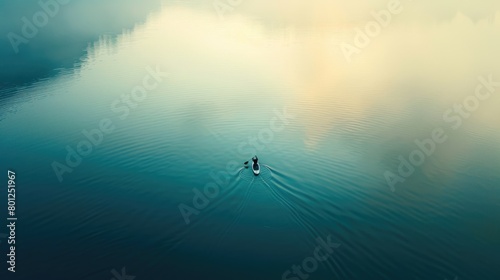 An aerial perspective of a boat peacefully floating on a serene lake, creating a perfect circle in the calm water below, with the horizon and atmospheric phenomenon enhancing the beautiful landscape
