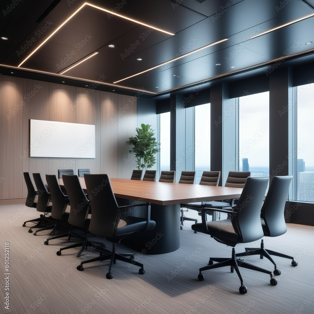 Interior of stylish open space office with grey and wooden walls, tiled floor and rows of wooden computer desks with white chairs. 3d rendering