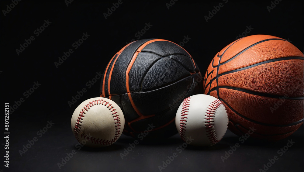 there are several sports balls on dark background