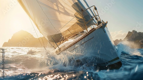 Sailing ship in sea with water splash