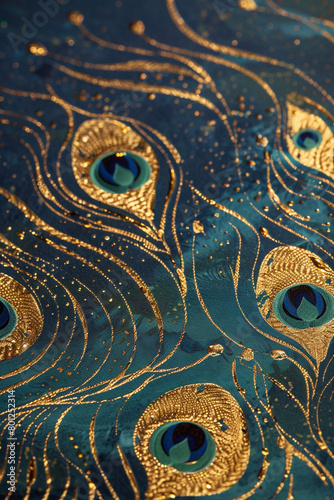 Peacock blue and gold waves, ornate and exotic for luxury event invitations