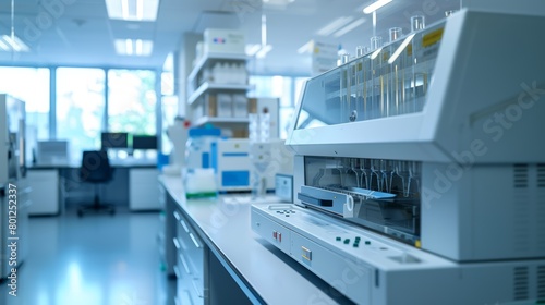 Studio shot providing a detailed and realistic view of proteomics equipment, such as mass spectrometers, engaged in the analysis of complex protein samples photo