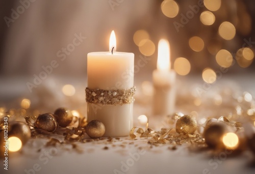  warm confetti composition banner. decoration beige ambience golden white Close Holidays background concept. candle Christmas candlelight. bokeh. Cozy gold card flames illuminated 