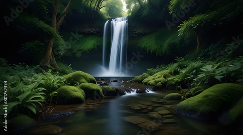 A tranquil waterfall hidden deep within a lush green forest.generative.ai