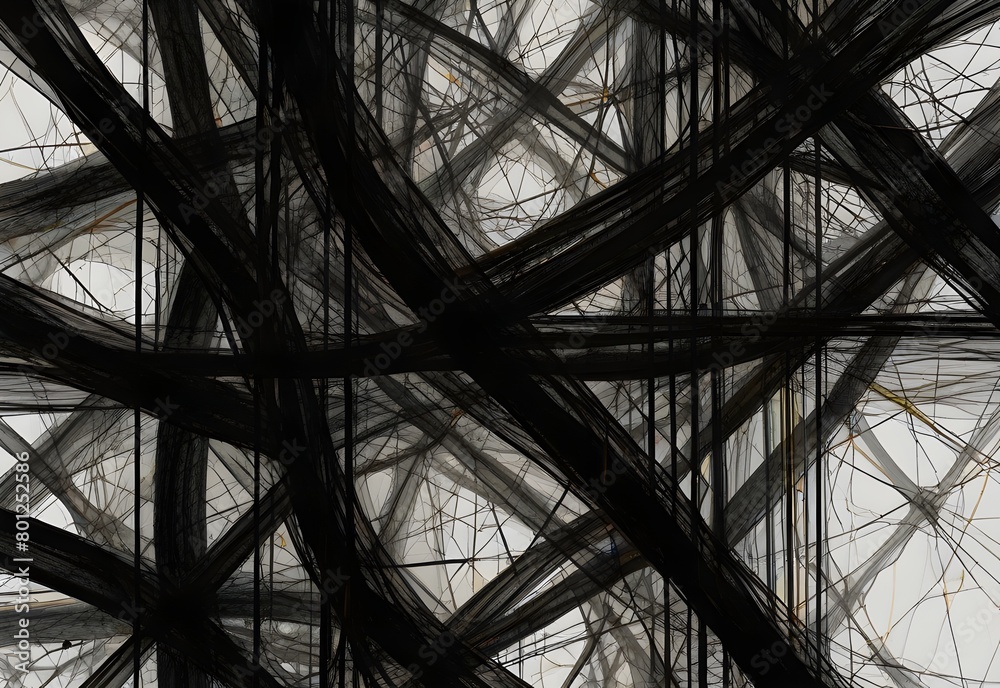 Interlocking lines and curves in black ink, forming a complex, abstract network, generative AI