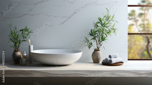 Bathroom vanity with round vessel sink and bamboo plants