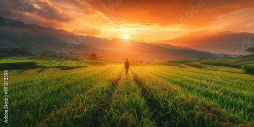 A farmer standing in a lush green terraced rice field admiring the sunset