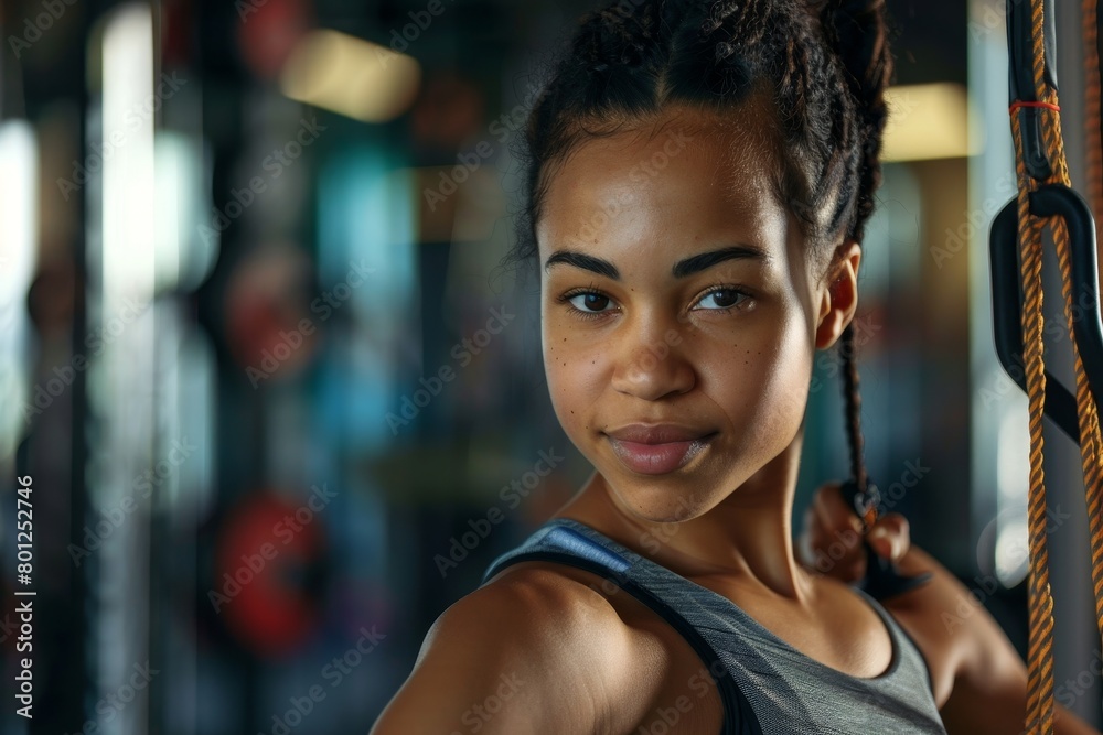 Fototapeta premium Modern Fitness: Dynamic Young Woman Gearing Up for Urban Workout