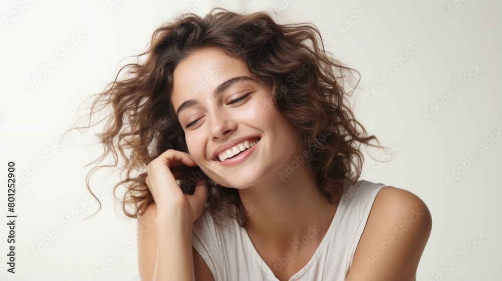 Portrait of a beautiful young woman with curly brown hair smiling happily Portrait of a beautiful young woman with curly brown hair smiling happily