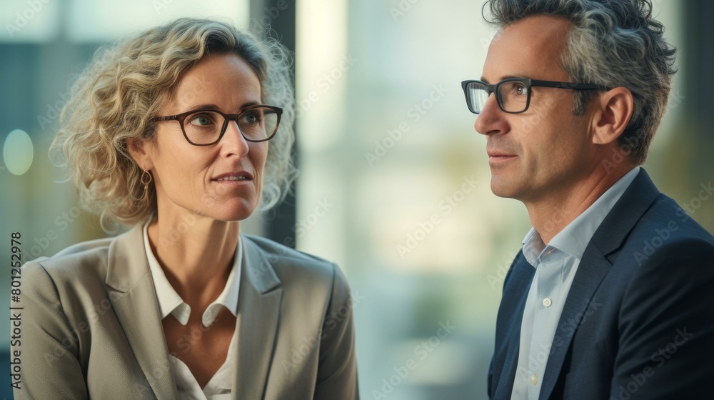 Business conversation between a man and a woman Business conversation between a man and a woman