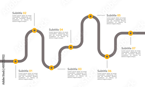 Infographic roadmap design template. Business Timeline of 7 Important Business Events annual business presentation. Vector illustration.