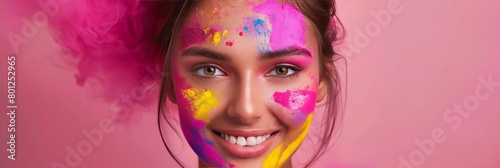 Vibrant celebration  woman s bright smile in a colorful and lively world environment