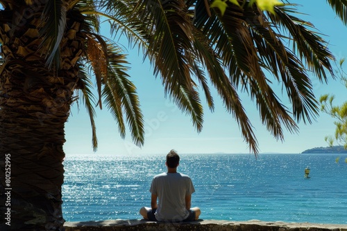 Man Contemplating Scenic Ocean View Under Palm Leaves, Tranquil Summer Day © Bernardo