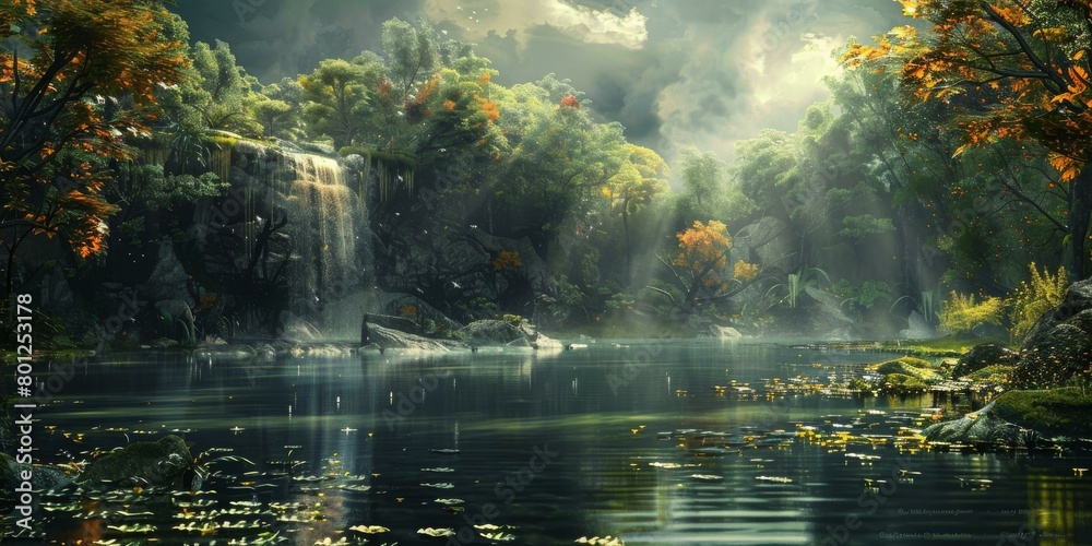 Fantasy landscape with a lake and waterfall Fantasy landscape with a lake and waterfall