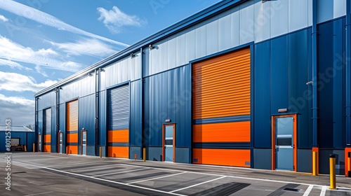 Business transport warehouse with a commercial delivery dock on an industrial site, including parking space for vehicles.