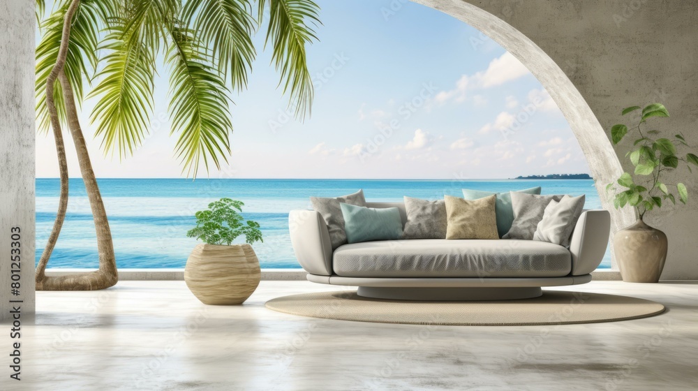 Fototapeta premium Modern coastal living room interior with curved sofa and ocean view