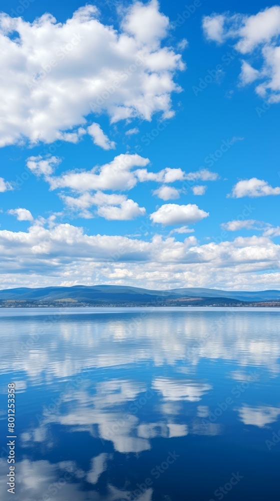 Blue sky and white clouds reflecting on the calm lake