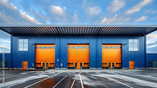 Business transport warehouse with a commercial delivery dock on an industrial site, including parking space for vehicles.