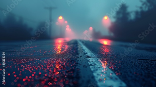 The red and blue lights of a car driving on an asphalt road at night in the rain photo