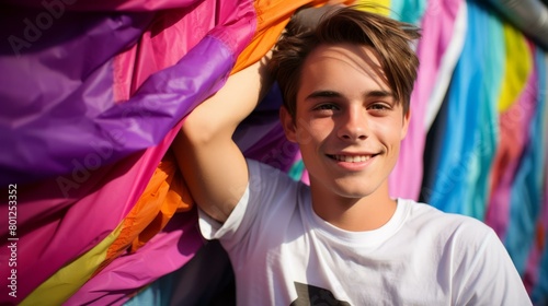 Portrait of a happy teenage boy with colorful flags in the background