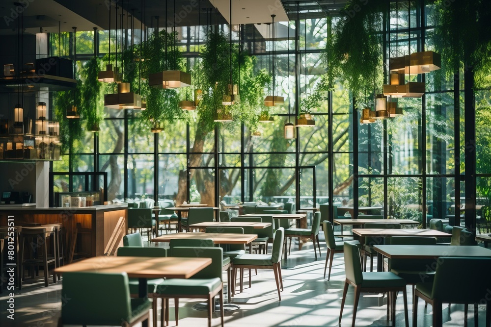 Modern restaurant interior with large windows and green plants