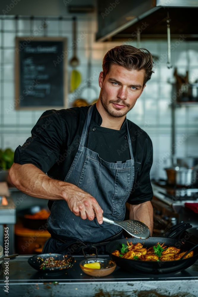 Portrait of a handsome male chef in a black uniform cooking in a commercial kitchen