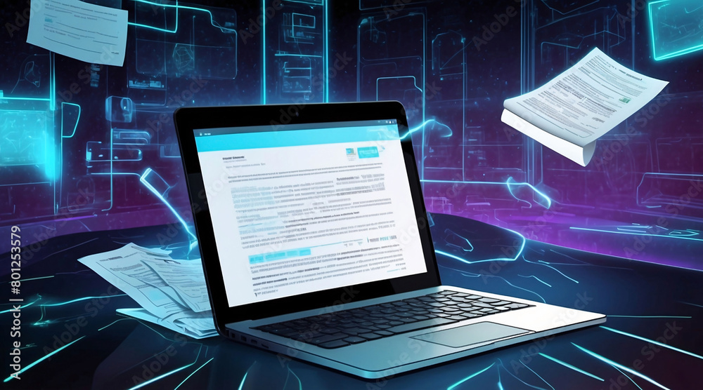 Illustration of digital files and laptop on neon background. Working with documents online, digitalization and data storage concept Illustration of digital files and laptop on neon background. Working with documents online, digitalization and data storage concept