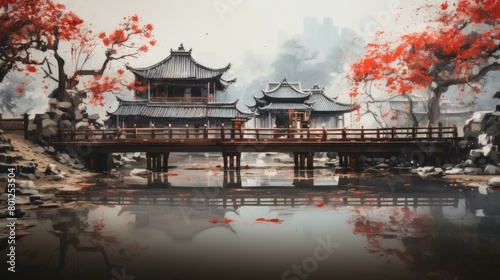 An illustration of a Chinese courtyard with a bridge over a river and red trees