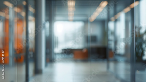 Beautiful blurred background of a modern office interior in gray tones with panoramic windows, glass partitions and orange color accents. Generative AI illustration 