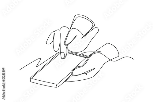 One continuous line drawing of Fingers touching, tapping, scrolling smartphone screens concept. Doodle vector illustration in simple linear style
