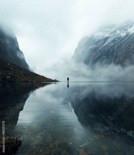 Man standing alone in the middle of a lake surrounded by mountains