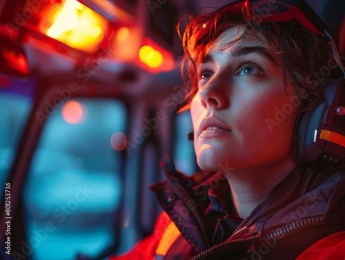 Portrait of a beautiful female pilot in a helicopter
