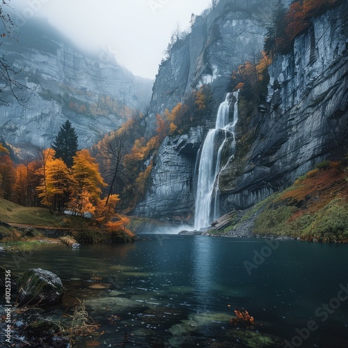 Mountainous waterfall in a valley with colorful autumn trees and a lake in the foreground
