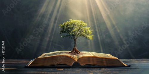 rays of light shining through the pages of an open book with a small tree growing from it