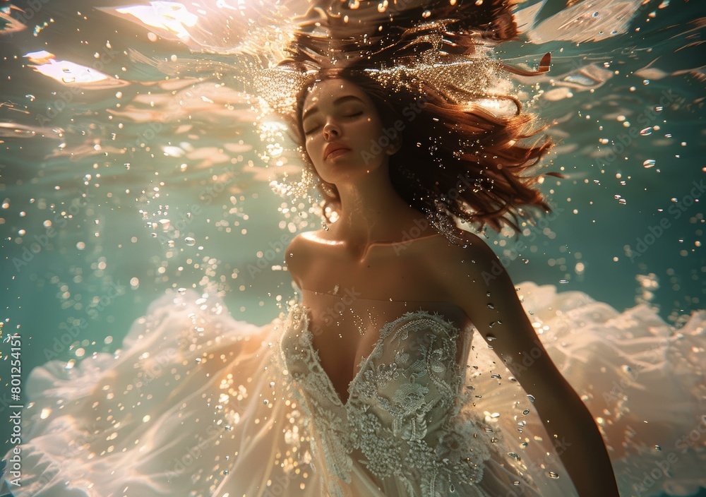 An underwater photo of a woman wearing a white dress