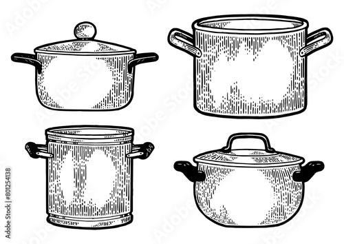 Pan casserole pot set kitchen utensils sketch engraving PNG illustration. Scratch board style imitation. Black and white hand drawn image. photo