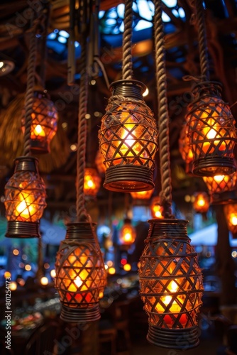 Decorative lanterns with candles hang from the ceiling