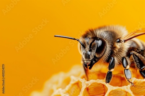extreme close up of a bee on a honeycomb on a yellow solid color background with copy space