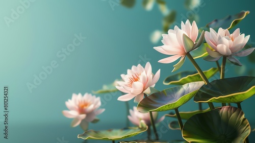 Water lily cluster, vibrant turquoise background, wildlife conservation magazine cover, natural side lighting, frontal perspective photo
