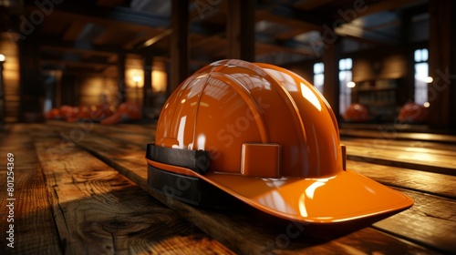 An Orange Hard Hat Sits on a Wooden Floor photo