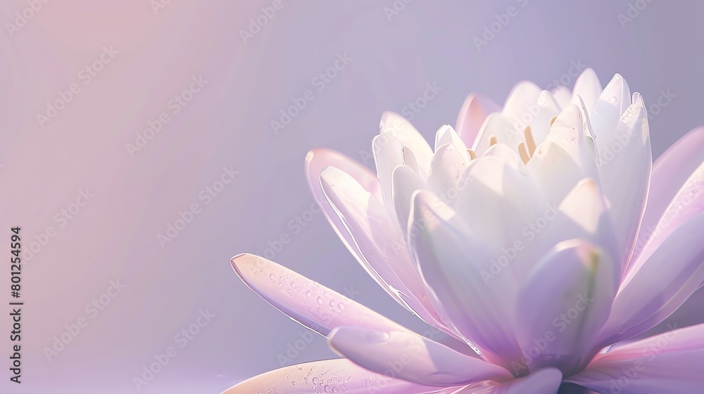 White water lily, pastel lavender matte background, spa and wellness magazine cover, serene morning lighting, eyelevel shot White water lily, pastel lavender matte background, spa and wellness magazine cover, serene morning lighting, eyelevel shot